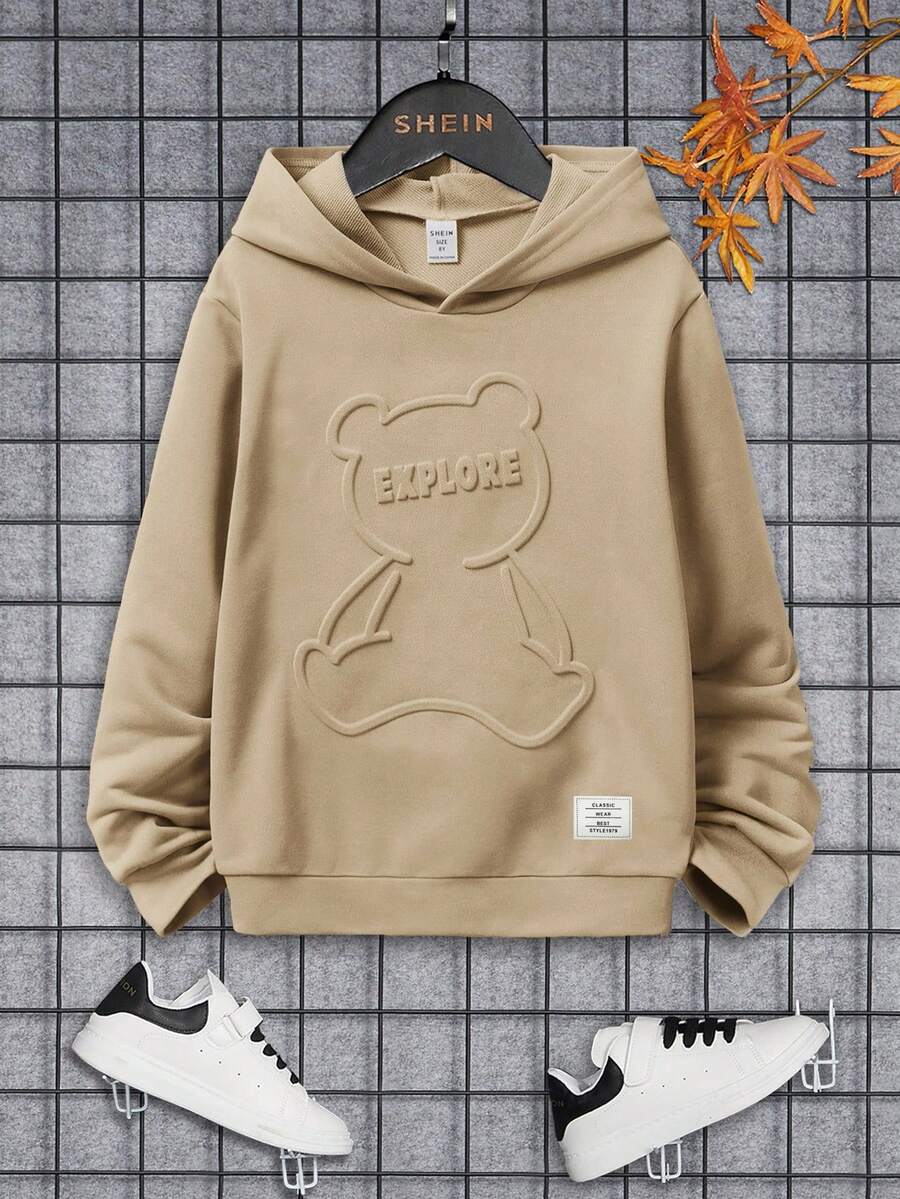 SHEIN 男童休闲熊字母压纹针织卫衣,冬季套装,冬季服装,秋季服装,儿童服装 - 卡其色 - 查看 1