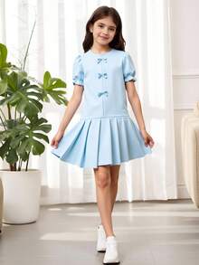 Tween 女童纯色短袖简约纹理蝴蝶结褶皱直筒连衣裙，适合夏季、度假、夏季、旅行 - 薄荷藍 - 查看 3