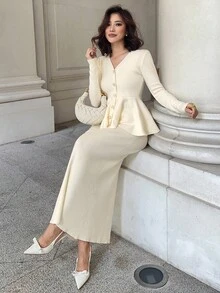 DAZY Women's Solid Color V-Neck Ruffle Trim Cardigan & Skirt 2 Pieces Knit Set, Autumn Fall - Beige - View 6