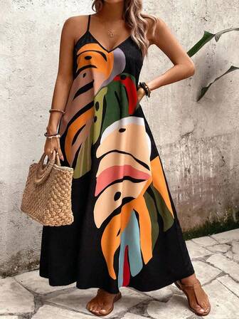 LanaWest Vestido de tirantes con estampado floral y de hojas, de corte holgado en talla grande, para mujer, ideal para el verano