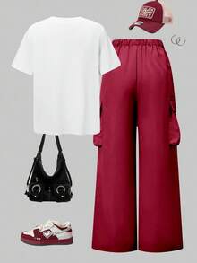 SHEIN 青少年女孩 2件/套 短袖字母印花圓領T恤 + 工裝長褲，休閒街頭風，夏季舒適套裝 - 紅色 - 查看 2