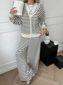 Livesso 女士条纹连帽衫上衣和宽松长裤两件套，休闲风格，秋季女士家居服套装 - 米色 - 查看 3