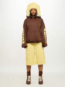 SUMWON WOMEN Moletom com Capuz de Lã Fleece com Estampa Gráfica Oversized, Capuz Felpudo e Quente para o Inverno, Moda Urbana de Rua, Manga Longa, Casual e Confortável - Café - Visão 5