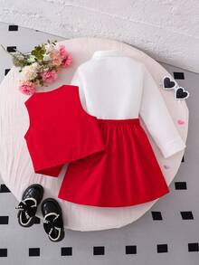 Elladie kids Áo sơ mi dài tay màu trắng phong cách học sinh nữ kết hợp với áo vest đen có 4 nếp gấp thủ công, miếng vá hình tam giác ngược và áo vest cài 2 nút có 6 họa tiết hoa 3D, Bộ đồng phục học sinh, Trở lại trường, Mọi mùa - Đỏ - Xem 2