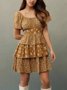 WESTFADE Gaun Mini Berenda Bertingkat Lengan Pendek Leher Persegi Motif Bunga Campuran Cokelat, Ikat Pita di Belakang, Musim Panas, Boho, Liburan, Pakaian Barat untuk Wanita - MultiWarna - View 1