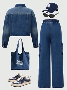 青少年女孩 Y2K 风格牛仔两件套服装，休闲街头套装，适合上学、通勤、日常穿着、聚会、秋冬穿着 - 中等水洗藍 - 查看 2