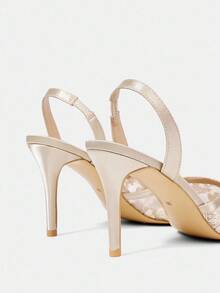 CUCCOO HITCHD Apricot Pointed Toe Stiletto Heel Lace Mesh Pearl Elegant Wedding Party Women's High Heel Sandals Open Toe Sandals For Christmas - Apricot - View 4