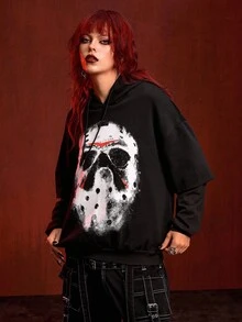 Friday the 13th X ROMWE 女士口罩图案长袖连帽二合一运动衫 - 黑色 - 查看 4