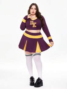 ROMWE Avant 大码女式复古啦啦队服装长袖上衣和迷你裙套装，角色扮演 - 紫色 - 查看 2