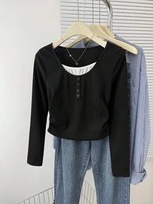 SHEIN 青少年女孩纯色罗纹撞色纽扣腰部褶皱针织弹力长袖圆领 T 恤，休闲、居家、返校季 - 黑色 - 查看 4