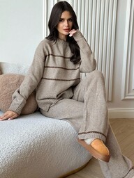 Firerie Women's Casual Loose Contrast Color Knit Sweater Set, Long Sleeve Round Neck Top And Pants Set, Suitable For Spring, Autumn And Winter, Contrast Color Trim Knit Suit, Spring, Autumn And Winter Clothing, Commuting, Elegant, Casual Daily, Work Outfit,Fall