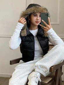 Livesso 拼布毛领短款棉衣背心冬季夹克背心 - 黑色 - 查看 6
