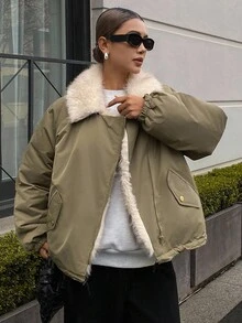 DAZY Women's Casual Fuzzy Patchwork Jacket, Winter Women Coats - Army Green - View 4
