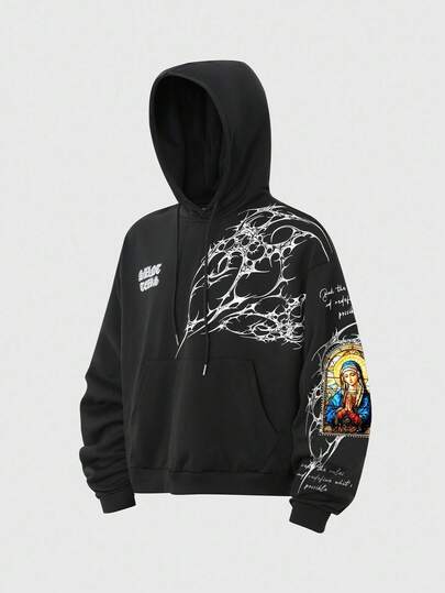 Street Life Men's Gothic Print Hooded Sweatshirt, Graphic Hoodie Suitable For Everyday Wear, Autumn/Winter