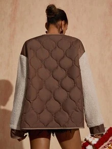 Bóhologie Beige And Brown Panel Teddy Jacket: Relaxed Fit, Perfect For Casual Outings Or Layering On Chilly Days, Made Of Soft Faux Shearling Fabric Combined With Lightly Quilted Panels And Large Patch Pockets For Extra Comfort And Urban Style Sherpa Jacket Button Up Jacket Oversized Jacket Women's Jacket Oversized Cardigan Teddy Cardigan Button Up Cardigan Brown Cardigan Women's Cardigan Brown Jacket Quilted Jacket Jacket For Women Cardigan For Women Curve Cardigan - Multicolor - View 2