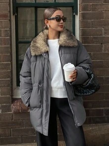 DAZY 女士毛领拉链前开抽绳腰休闲冬季外套女式大衣 - 灰色 - 查看 4