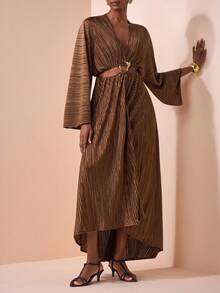 Zivah Rochie plisată cu mâneci lungi, decolteu în V adânc, cu talie scobită, vară și început de toamnă 2025, model nou