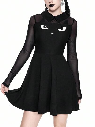 Goth Cute Gothic Halloween Cat Graphic Print Dress For Women