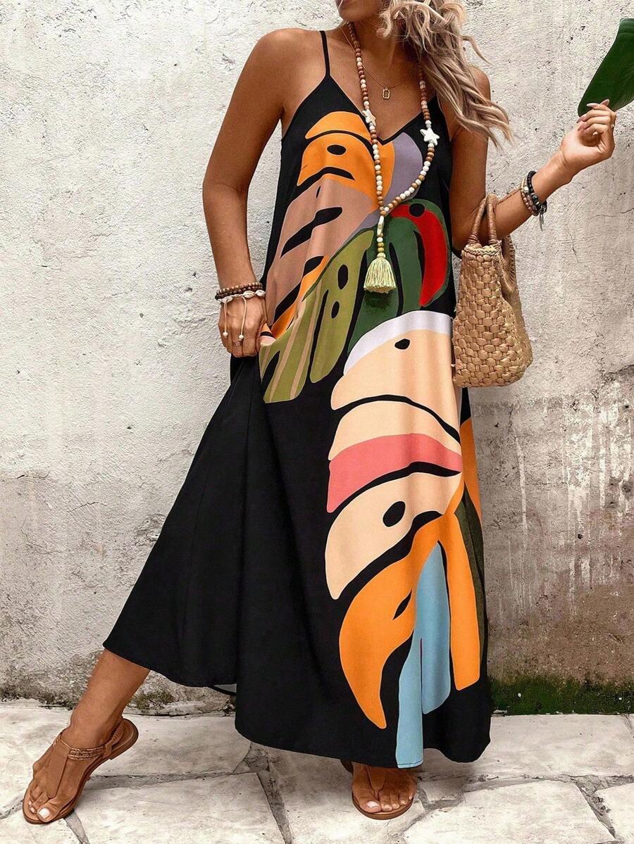 EMERY ROSE Women Plus Size Boho Loose Fit Floral & Leaf Print Spaghetti Strap Dress, For Summer - Multicolor - View 1