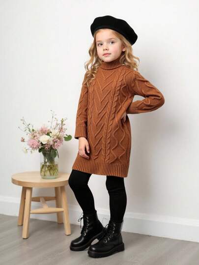 SHEIN Suéter de punto de cable marrón elegante y versátil de manga larga para niña y mujer, vestido de punto elegante y lindo para otoño e invierno, diseño de moda de vanguardia que se puede usar dentro y fuera, cuello alto de unicolor ajustado casual de otoño