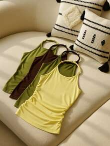 Ontre 2025 Sommer & Herbst Damen Lässig einfarbiges Trägertop mit Rückenausschnitt, enge Passform, elegantes ärmelloses Shirt für Musikfestivals, Partys, Basics, Schulterfreie Bluse, Business Lässig