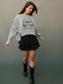 WESTFADE 棉混纺法国毛圈布圆领开叉下摆外露缝线宽松长袖短款幽灵女巫社交俱乐部蝴蝶结图案印花运动衫秋季、秋季、万圣节 - 灰色 - 查看 4