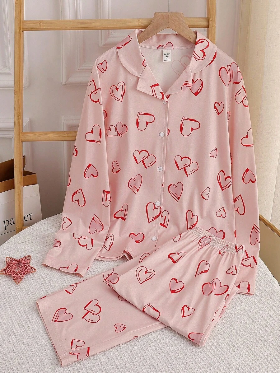 Teen Girl Pink Hand-Painted Heart Pattern Open Front Long Sleeve & Pants Soft Flame Retardant Fabric Casual Homewear Set