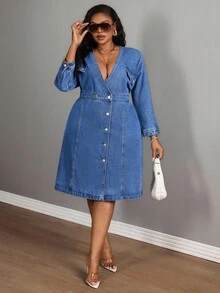 Slaydiva Váy denim hở lưng cỡ lớn dành cho nữ có dây buộc phía sau - Rửa trung bình - Xem 6