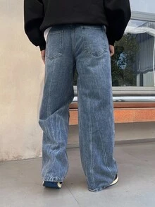 DAZY Autumn Artistic Letter Print Washed Blue Men's Jeans - Blue - View 2