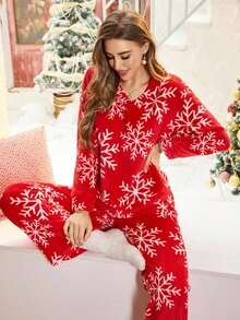 SHEIN 圣诞图案抓绒V领长袖上衣和裤子女士睡衣套装，冬季红色两件套睡衣，适合冬季和秋季穿着，蓬松舒适 - 紅色 - 查看 1