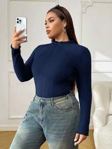 SHEIN EZwear 大码女式休闲百搭海军蓝长袖T恤 - 藏蓝色 - 查看 4