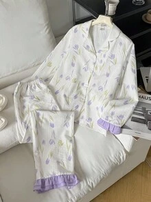 SHEIN 少女紫色郁金香印花简约设计长袖上衣和裤子两件套睡衣套装 - 紫色 - 查看 1