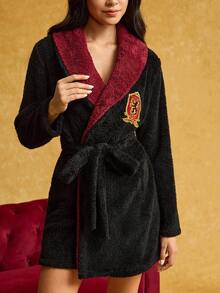 HARRY POTTER X SHEIN 女士交叉裹身撞色刺绣系带长袖长袍，秋冬款