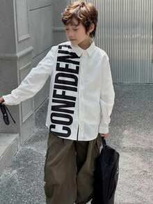 Mirajuku Tween BoyCasual Minimalist Letter Print Design White Long Sleeve Shirt, Suitable For Casual And Work Wear - White - View 4