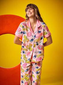 Chillnights X LOONEY TUNES Conjunto de pijama feminino com estampa de desenho animado, blusa de manga curta e calça, pijama de verão, conjunto de pijama feminino com desenho animado, conjunto de pijama rosa, pijama Tweety Bird, conjunto de roupa de dormir feminino