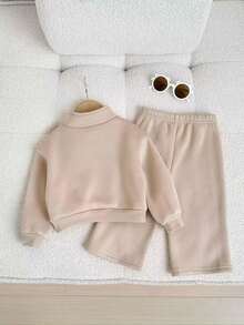 2pcs Baby Girl Fleece Sweatshirt & Pants Set, Heart Embroidery, Casual Outfit For Outdoor & Indoor Wear, Autumn/Winter Neutral Baby Clothes Baby Tracksuit Mocha Baby Clothes Two Piece Toddler Set Toddler Co Ord  Baby Fall Clothes Winter Clothes