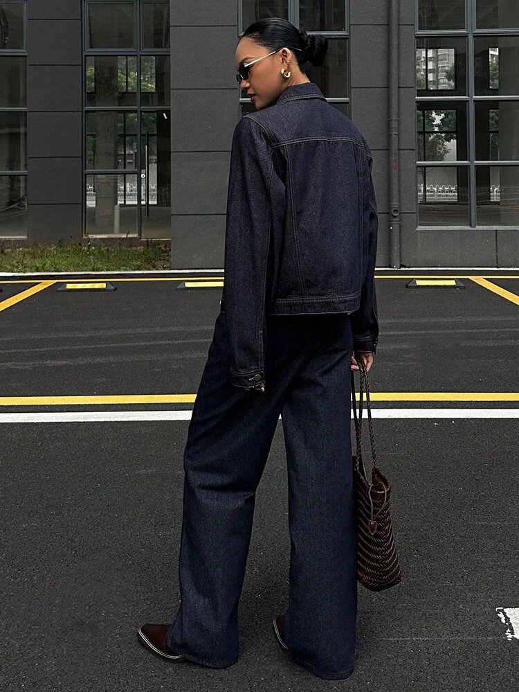 Women's Casual Washed Denim Top And Wide Leg Pants Suit, Autumn
