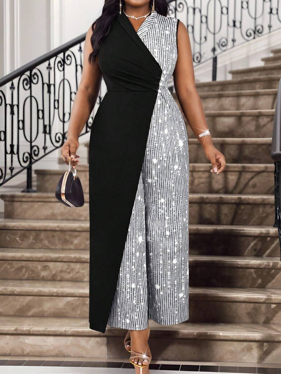 SHEIN Lady 大码女装黑白无袖阔腿连体裤，交叉领口和珍珠装饰，音乐会女装连体裤，适合情人节新年派对的四季 - 銀色 - 查看 1