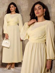 Flirla Große Größen Maxikleid für Damen, lässig-elegant, langärmlig, einfarbig in sanftem Gelb, französischer romantischer Stil, geeignet für Büro, Urlaub, Frühling/Herbst/Winter - Gelb - Übersicht 9