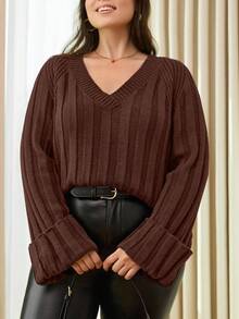 EURMUSE Maglione a maniche raglan in colore unito con costine - Castano - Visualizzare 6
