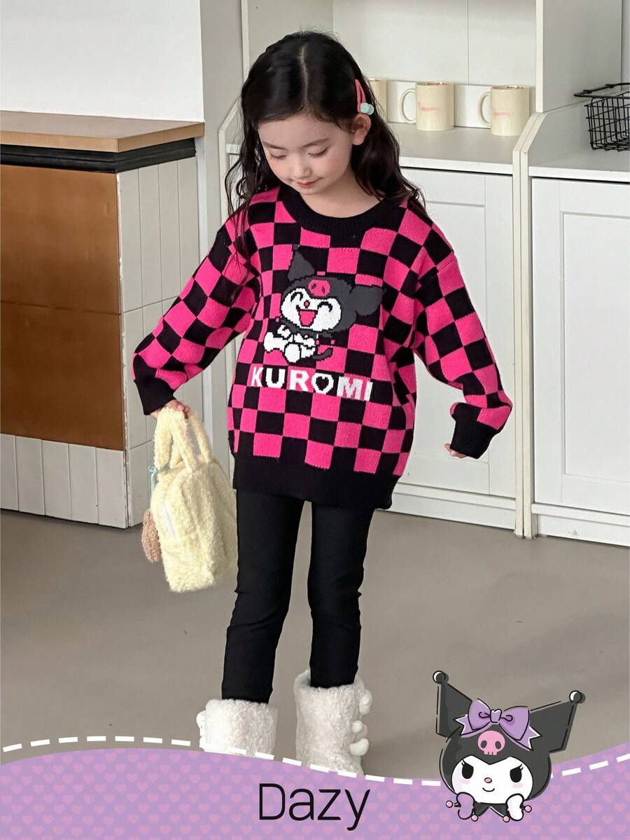 DAZY HELLO KITTY AND FRIENDS | SHEIN 少女格纹卡通图案长袖圆领毛衣 - 玫紅色 - 查看 1