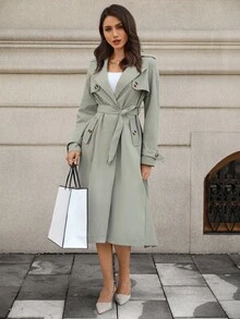 EMERY ROSE Women's Solid Front Button Pocket Simple Casual Trench Coat - Green - View 4