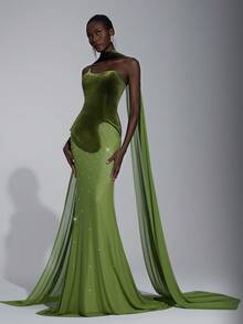 Elitara 优雅奢华军绿色天鹅绒面料重工装饰不对称领口亮片鱼尾裙，女士正式晚礼服 - 軍綠色 - 查看 1