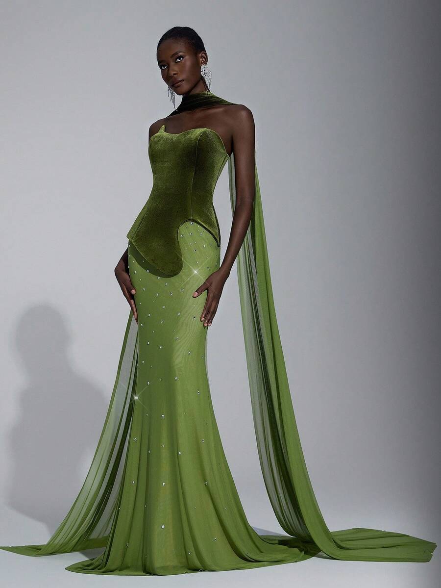 Elitara 优雅奢华军绿色天鹅绒面料重工装饰不对称领口亮片鱼尾裙，女士正式晚礼服 - 軍綠色 - 查看 1