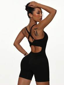 Slayform Combinaison de sport d'été pour femmes, couleur unie, avec croisillons et découpes ajourées - Noir - Voir 5