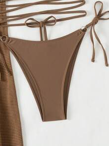 Swim Basics Summer Beach Solid Color V-Neck Halter Bra & Swim Bottom & Beach Cover Up Skirt Bikini Set Bathing Suit - Coffee Brown - View 4