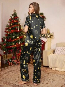 SHEIN 仿丝全印花圣诞主题纽扣前开睡衣套装 - 黑色 - 查看 2