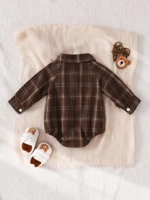 Playful Pals 男婴梭织贴布衬衫领前按扣胸前贴布松紧腰裤休闲长袖连体衣，秋冬款 - 棕色 - 查看 2