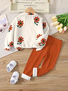 SHEIN Happikins 2pcs/Set Young Girl Casual Vintage Floral Print Round Neck Long Sleeve Sweatshirt And Leggings Set, Suitable For Autumn/Winter Fall - Multicolor - View 5
