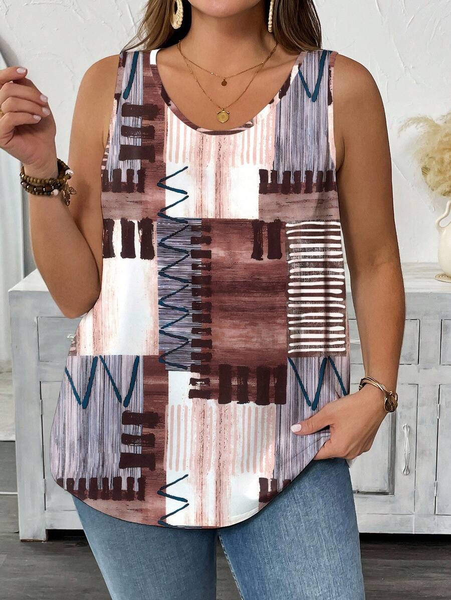 SHEIN LUNE Plus Size Summer Patchwork Printed Casual Round Neck Tank Top Graphic Tees Women Tops
